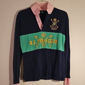 Polo by Ralph Lauren Navy Rugby Shirt with Green Chest Band and Pink Collar